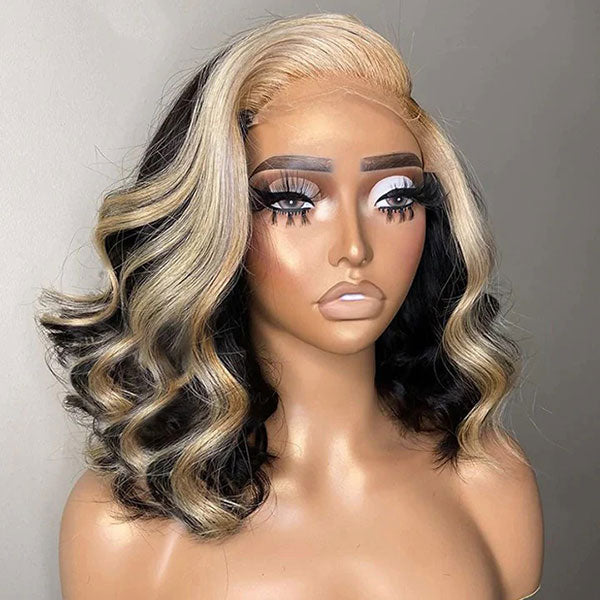 Junoda 613 Honey Blonde Skunk Stripe Bob Wig Body Wave 4x4 13x4 Lace Front Human Hair Wigs junoda