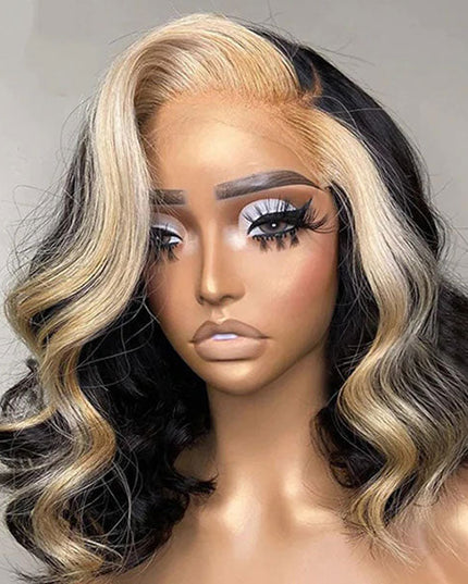 Junoda 613 Honey Blonde Skunk Stripe Bob Wig Body Wave 4x4 13x4 Lace Front Human Hair Wigs junoda