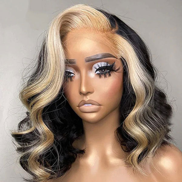Junoda 613 Honey Blonde Skunk Stripe Bob Wig Body Wave 4x4 13x4 Lace Front Human Hair Wigs junoda