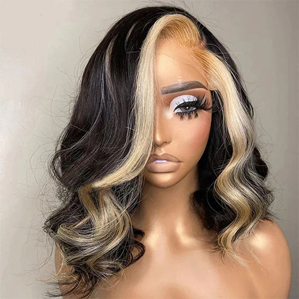 Junoda 613 Honey Blonde Skunk Stripe Bob Wig Body Wave 4x4 13x4 Lace Front Human Hair Wigs junoda
