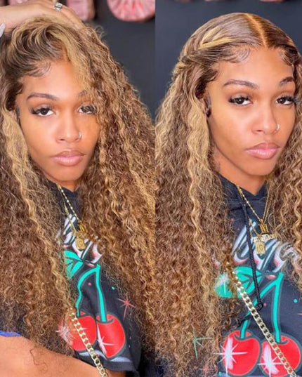 Junoda 6x5 Pre Cut Lace Kinky Curly Mix Color Highlight Blonde Brown Glueless Wig junoda