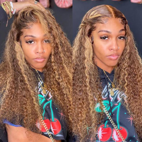Pre Cut 7x5 Lace Kinky Curly Mix Color Highlight Blonde Brown Glueless Wig cs1 junoda