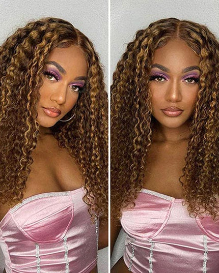 Pre Cut 7x5 Lace Kinky Curly Mix Color Highlight Blonde Brown Glueless Wig cs1 junoda