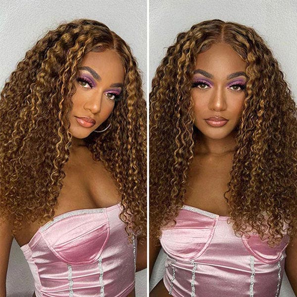 Pre Cut 7x5 Lace Kinky Curly Mix Color Highlight Blonde Brown Glueless Wig cs1 junoda