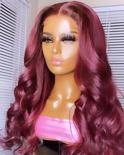 Junoda 99J Burgundy Red Body Wave 4x4 13x4 Transparent Lace Front Human Hair Wigs junoda