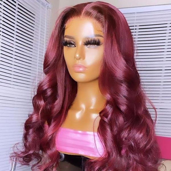 Junoda 99J Burgundy Red Body Wave 4x4 13x4 Transparent Lace Front Human Hair Wigs junoda