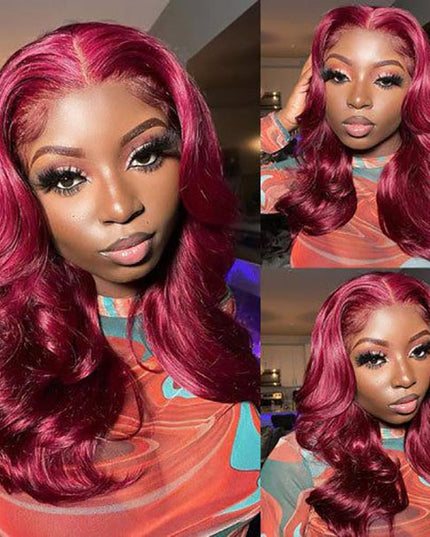 Junoda 99J Burgundy Red Body Wave  13x4 Transparent Lace Front Human Hair Wigs Fast Shipping junoda