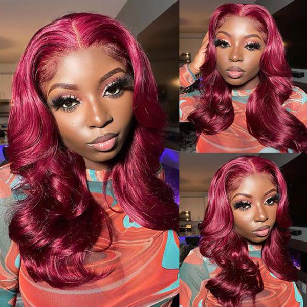 Junoda 99J Burgundy Red Body Wave  13x4 Transparent Lace Front Human Hair Wigs Fast Shipping junoda