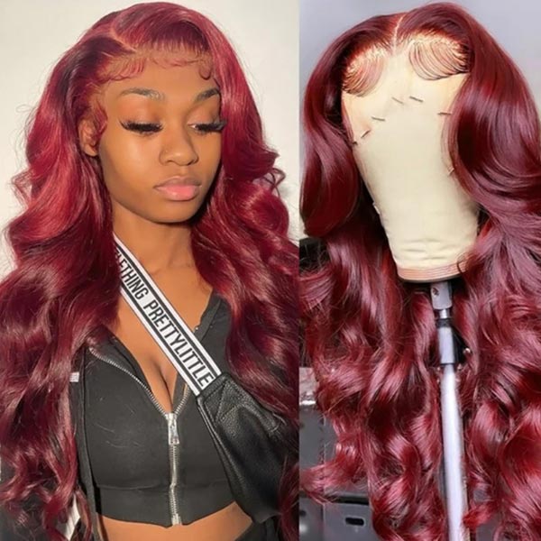 Junoda 99J Burgundy Red Body Wave Lace Part Wig Affordable Colored Human Hair Wigs junoda
