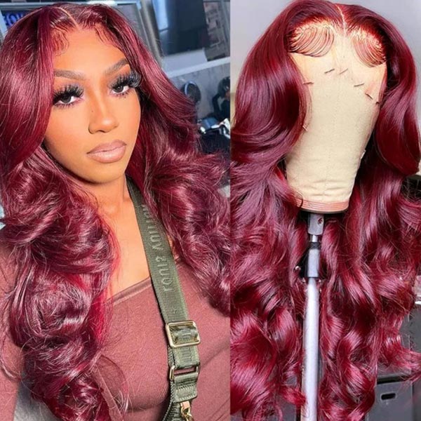 Junoda 99J Burgundy Red Body Wave Lace Part Wig Affordable Colored Human Hair Wigs junoda