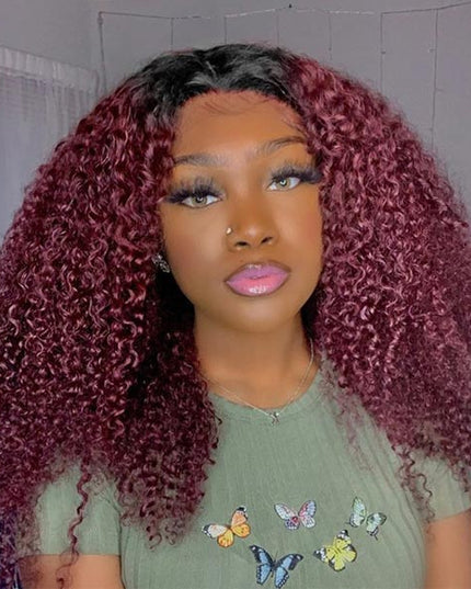 Invisi Drawstring Wig 99J Burgundy Red Glueless Curly V Part Wig No Leave Out Human Hair Wigs for Beginner junoda