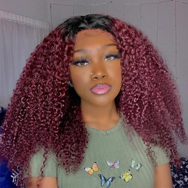 Invisi Drawstring Wig 99J Burgundy Red Glueless Curly V Part Wig No Leave Out Human Hair Wigs for Beginner junoda
