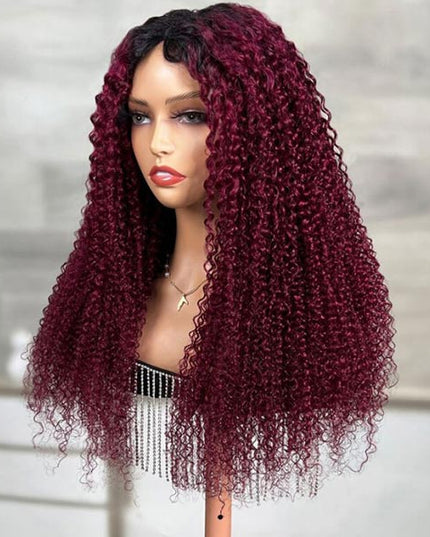 Invisi Drawstring Wig 99J Burgundy Red Glueless Curly V Part Wig No Leave Out Human Hair Wigs for Beginner junoda
