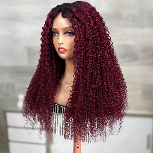 Invisi Drawstring Wig 99J Burgundy Red Glueless Curly V Part Wig No Leave Out Human Hair Wigs for Beginner junoda
