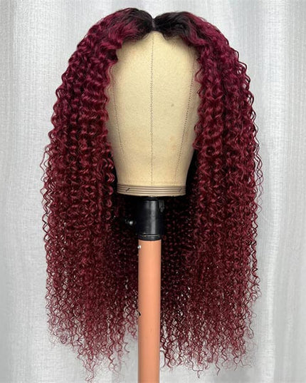 Invisi Drawstring Wig 99J Burgundy Red Glueless Curly V Part Wig No Leave Out Human Hair Wigs for Beginner junoda
