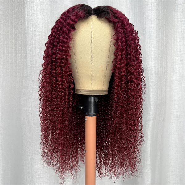 Invisi Drawstring Wig 99J Burgundy Red Glueless Curly V Part Wig No Leave Out Human Hair Wigs for Beginner junoda