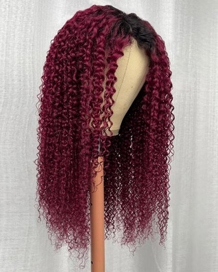 Invisi Drawstring Wig 99J Burgundy Red Glueless Curly V Part Wig No Leave Out Human Hair Wigs for Beginner junoda