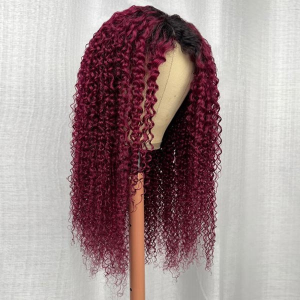 Invisi Drawstring Wig 99J Burgundy Red Glueless Curly V Part Wig No Leave Out Human Hair Wigs for Beginner junoda