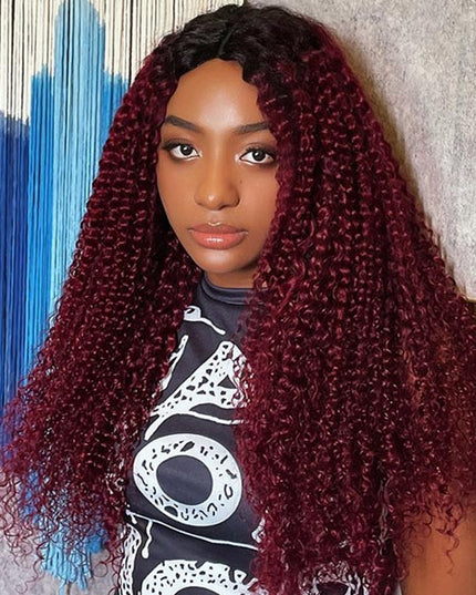 Invisi Drawstring Wig 99J Burgundy Red Glueless Curly V Part Wig No Leave Out Human Hair Wigs for Beginner junoda