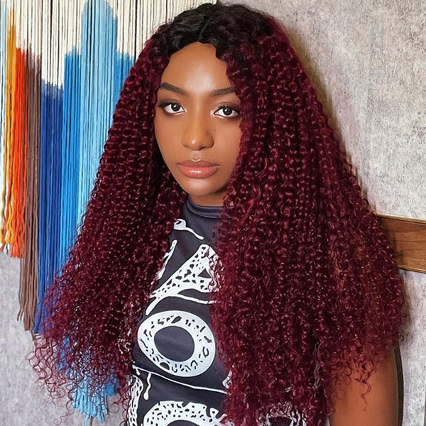 Invisi Drawstring Wig 99J Burgundy Red Glueless Curly V Part Wig No Leave Out Human Hair Wigs for Beginner junoda