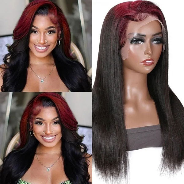 Junoda 99J Burgundy Roots On Black Hair Skunk Straight Lace Front Wig Billie Eilish Style junoda