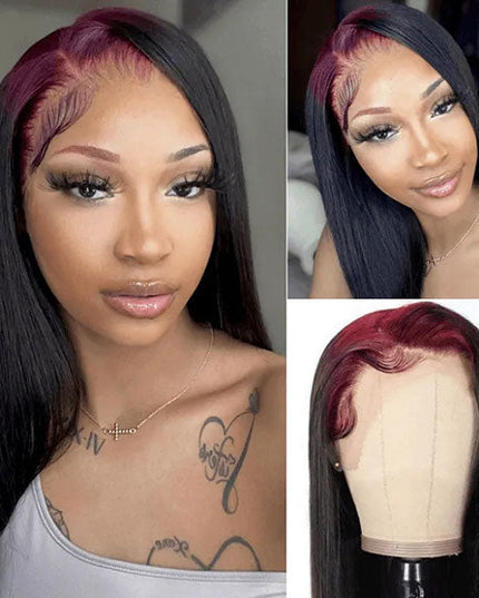 Junoda 99J Burgundy Roots On Black Hair Skunk Straight Lace Front Wig Billie Eilish Style junoda