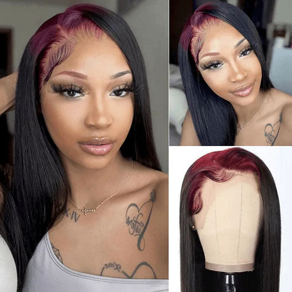 Junoda 99J Burgundy Roots On Black Hair Skunk Straight Lace Front Wig Billie Eilish Style junoda