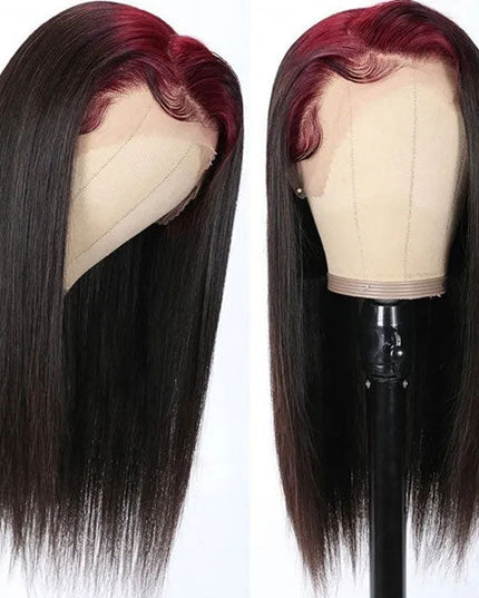Junoda 99J Burgundy Roots On Black Hair Skunk Straight Lace Front Wig Billie Eilish Style junoda