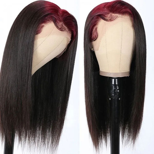Junoda 99J Burgundy Roots On Black Hair Skunk Straight Lace Front Wig Billie Eilish Style junoda