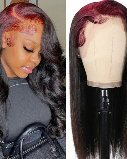 Junoda 99J Burgundy Roots On Black Hair Skunk Straight Lace Front Wig Billie Eilish Style junoda