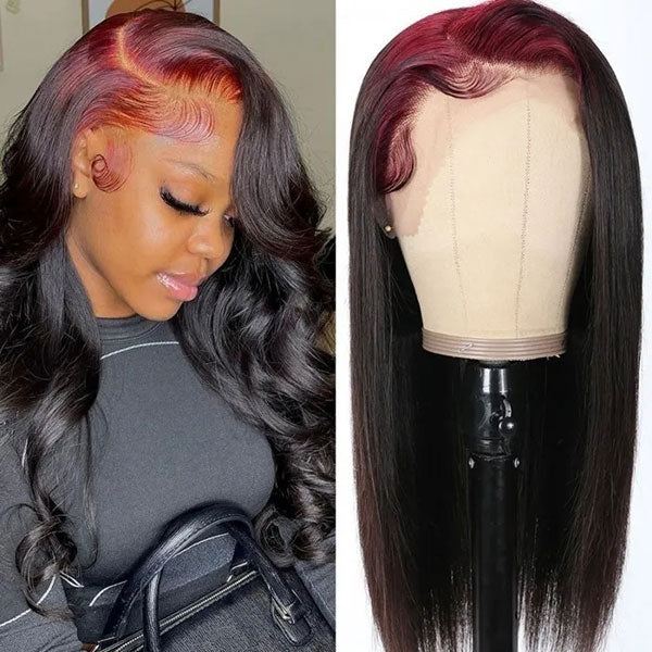 Junoda 99J Burgundy Roots On Black Hair Skunk Straight Lace Front Wig Billie Eilish Style junoda