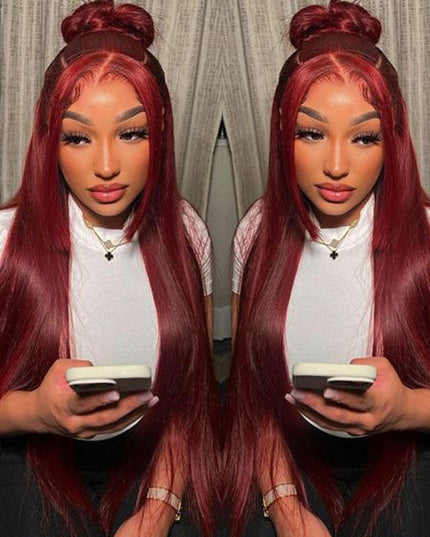 Junoda 99J Straight Pre Cut Lace Burgundy Red Lace Front Glueless Human Hair Wigs junoda