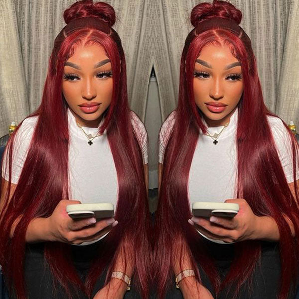 Junoda 99J Straight Pre Cut Lace Burgundy Red Lace Front Glueless Human Hair Wigs junoda