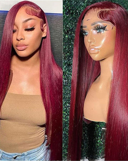 Junoda 99J Straight Pre Cut Lace Burgundy Red Lace Front Glueless Human Hair Wigs junoda