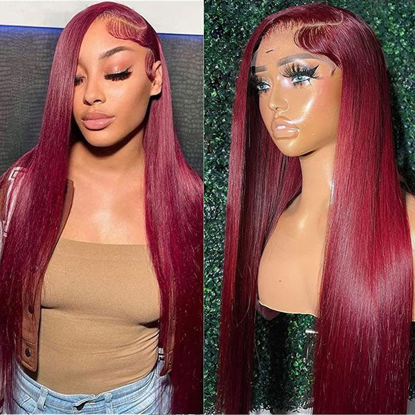 Junoda 99J Straight Pre Cut Lace Burgundy Red Lace Front Glueless Human Hair Wigs junoda