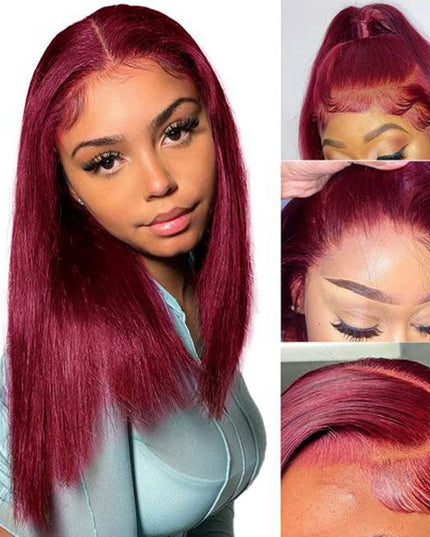 Junoda 99J Straight Pre Cut Lace Burgundy Red Lace Front Glueless Human Hair Wigs junoda