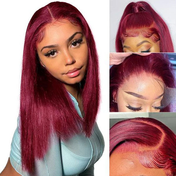 Junoda 99J Straight Pre Cut Lace Burgundy Red Lace Front Glueless Human Hair Wigs junoda