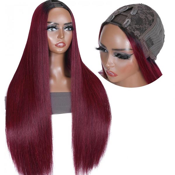 Junoda 99J Straight U Part Wig Affordable Burgundy Red Color Human Hair Wigs for Women junoda
