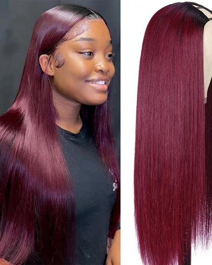 Junoda 99J Straight U Part Wig Affordable Burgundy Red Color Human Hair Wigs for Women junoda