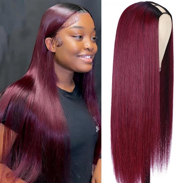 Junoda 99J Straight U Part Wig Affordable Burgundy Red Color Human Hair Wigs for Women junoda
