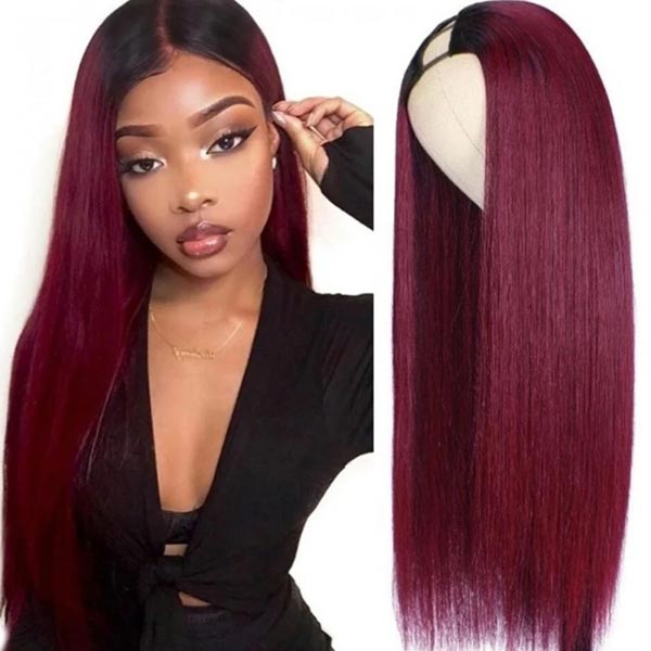 Junoda 99J Straight U Part Wig Affordable Burgundy Red Color Human Hair Wigs for Women junoda