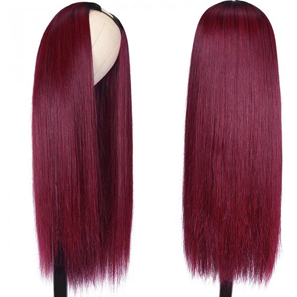 Junoda 99J Straight U Part Wig Affordable Burgundy Red Color Human Hair Wigs for Women junoda