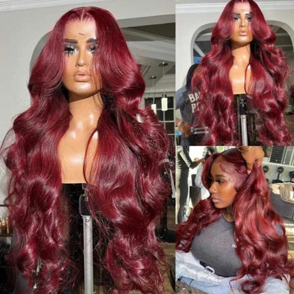 Junoda 99j Body Wave Wear & Go Wig Burgundy Red Color Human Hair Pre Cut Lace Glueless Wig junoda