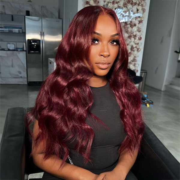 Junoda 99j Body Wave Wear & Go Wig Burgundy Red Color Human Hair Pre Cut Lace Glueless Wig junoda
