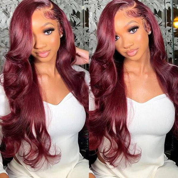 Junoda 99j Body Wave Wear & Go Wig Burgundy Red Color Human Hair Pre Cut Lace Glueless Wig junoda