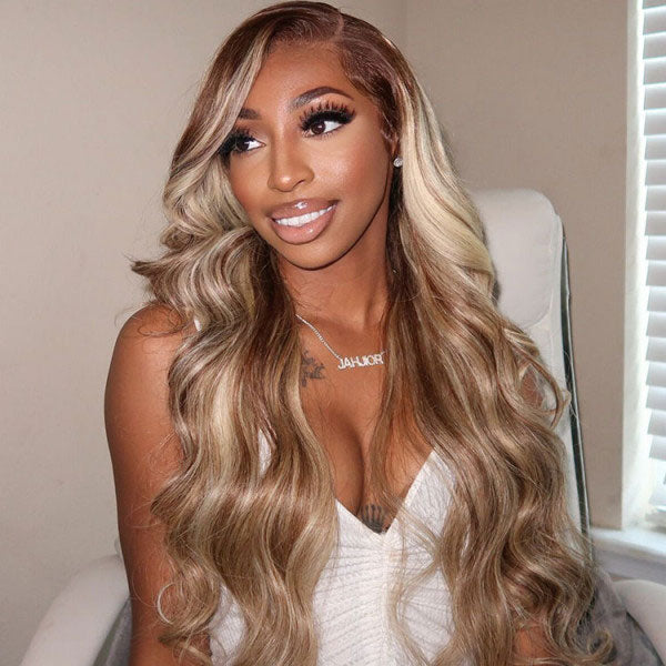 Junoda Ash Blonde Brown Wig With Blonde Highlights P4/613 Body Wave Lace Front Wigs Human Hair junoda