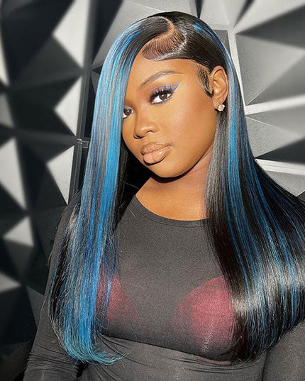 Junoda Balayage Highlight Blue Color Straight Human Hair Wigs 4x4 13x4 Lace Front Wig junoda