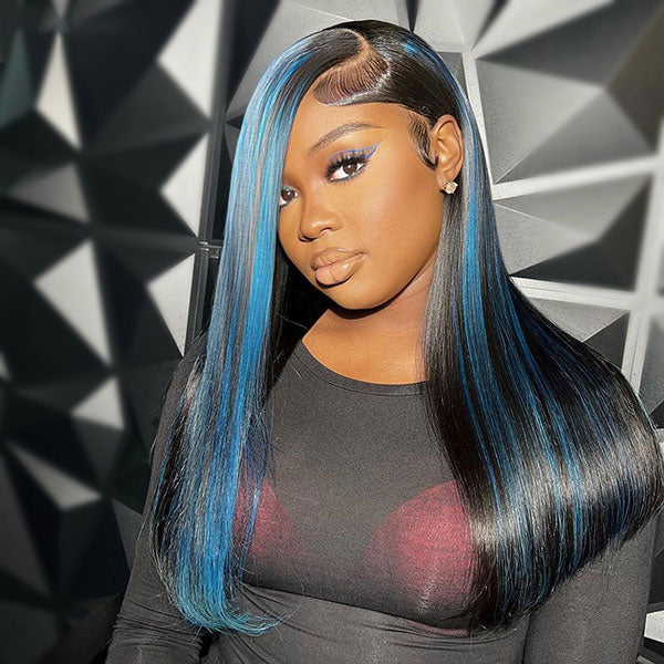 Junoda Balayage Highlight Blue Color Straight Human Hair Wigs 4x4 13x4 Lace Front Wig junoda