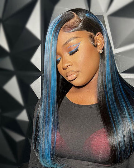 Junoda Balayage Highlight Blue Color Straight Human Hair Wigs 4x4 13x4 Lace Front Wig junoda