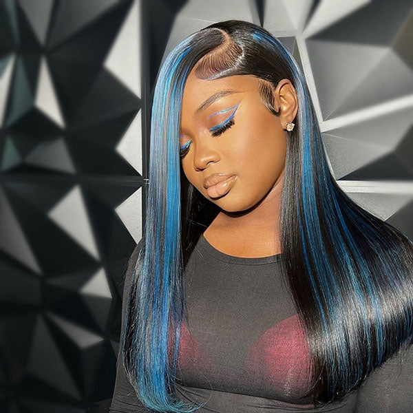 Junoda Balayage Highlight Blue Color Straight Human Hair Wigs 4x4 13x4 Lace Front Wig junoda